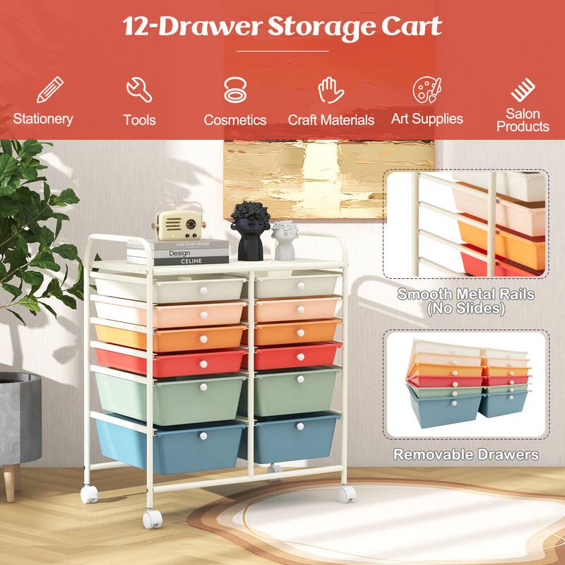 12-Drawer Storage Cart Stationery Tools Cosmetics Craft Materials Art Supplies Salon Products --- a HESSES Design CELINE Smooth Metal Rails (No Slides) Removable Drawers