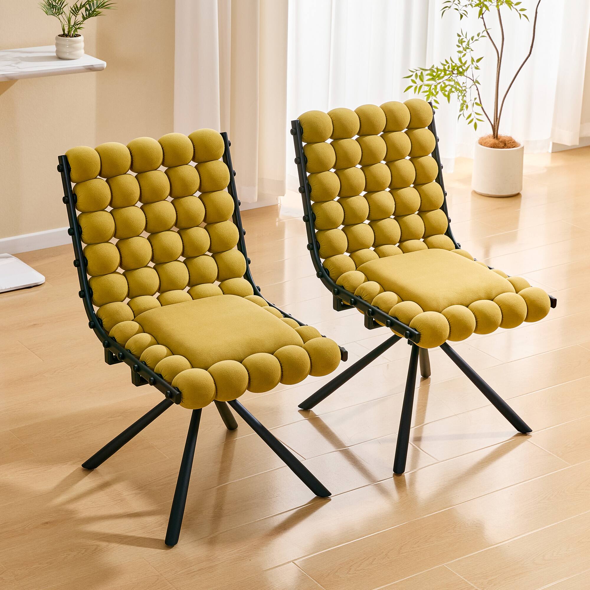 Angle. Loheer - Loheer Bubble Dining Chairs Set of 2, Yellow Velvet Dining Chairs for Kitchen Dining Room, Black Legs, 1.63 ft - Black,Yellow.