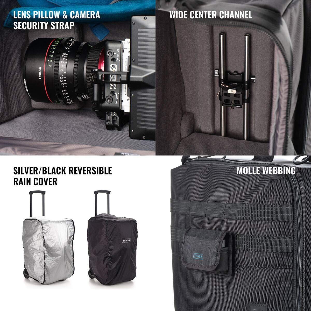 LENS PILLOW & CAMERA SECURITY STRAP  
WIDE CENTER CHANNEL  
SILVER/BLACK REVERSIBLE RAIN COVER  
MOLLE WEBBING