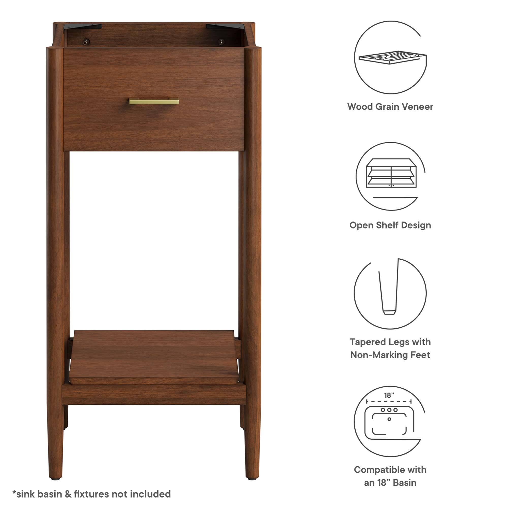 Wood Grain Veneer Open Shelf Design Tapered Legs with Non-Marking Feet 18" *sink basin & fixtures not included Compatible with an 18" Basin