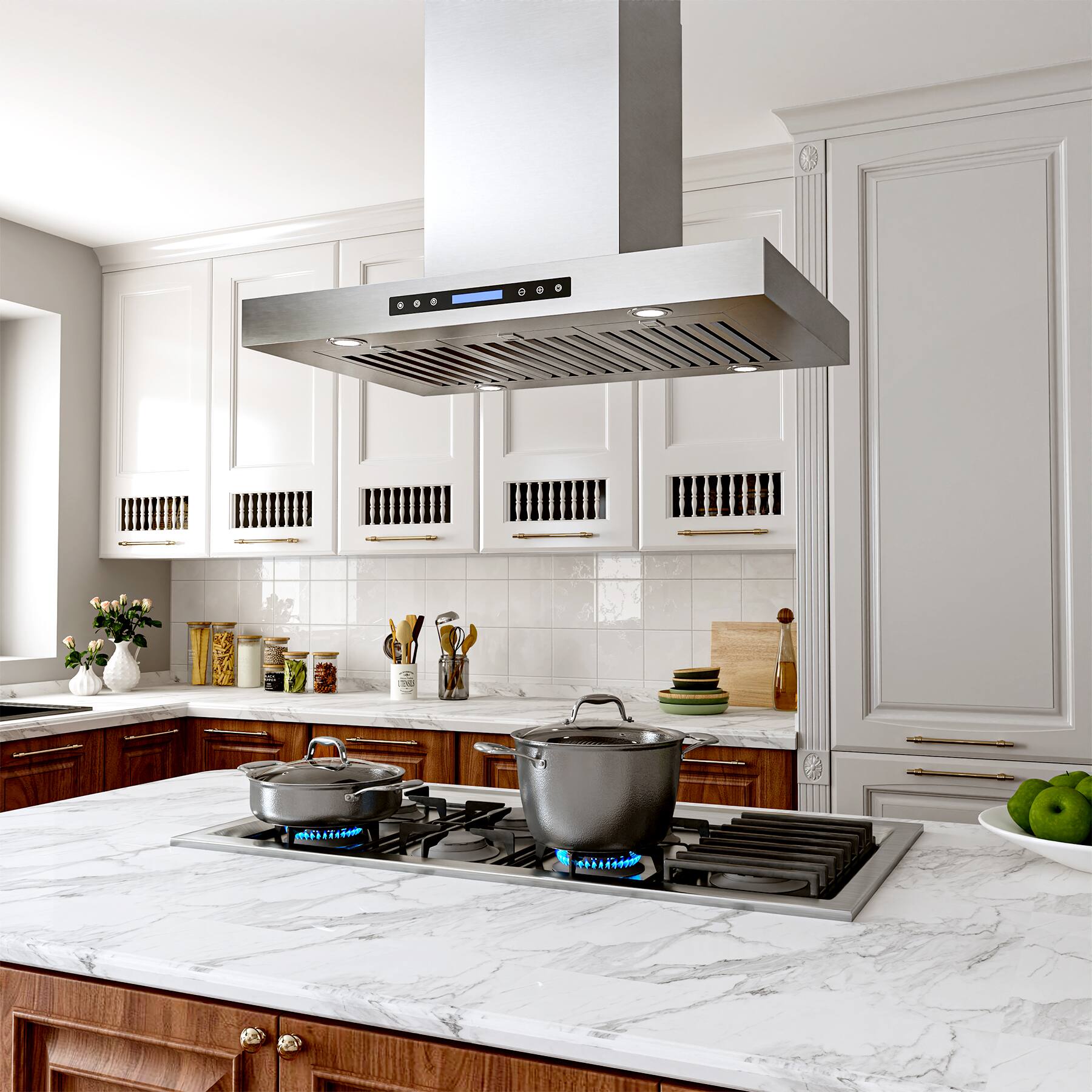 Alt View 1. Onefly - 36 Inches - Externally Vented - Island Mount Range Hood - Stainless Steel.