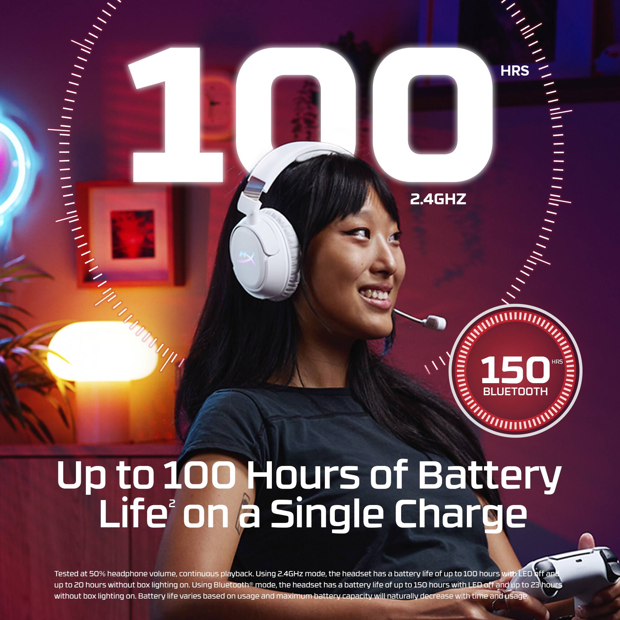 HRS 100 2.4GHz HS 150 BLUETOOTH

Up to 100 Hours of Battery Life on a Single Charge

Tested at 50% headphone volume, continuous playback. Using 2.4GHz mode, the headset has a battery life of up to 100 hours with LED off and up to 20 hours without LED lighting on. Using Bluetooth mode, the headset has a battery life of up to 150 hours with LED off and up to 23 hours without LED lighting on. Battery life varies based on usage and maximum battery capacity will naturally decrease with time and usage.