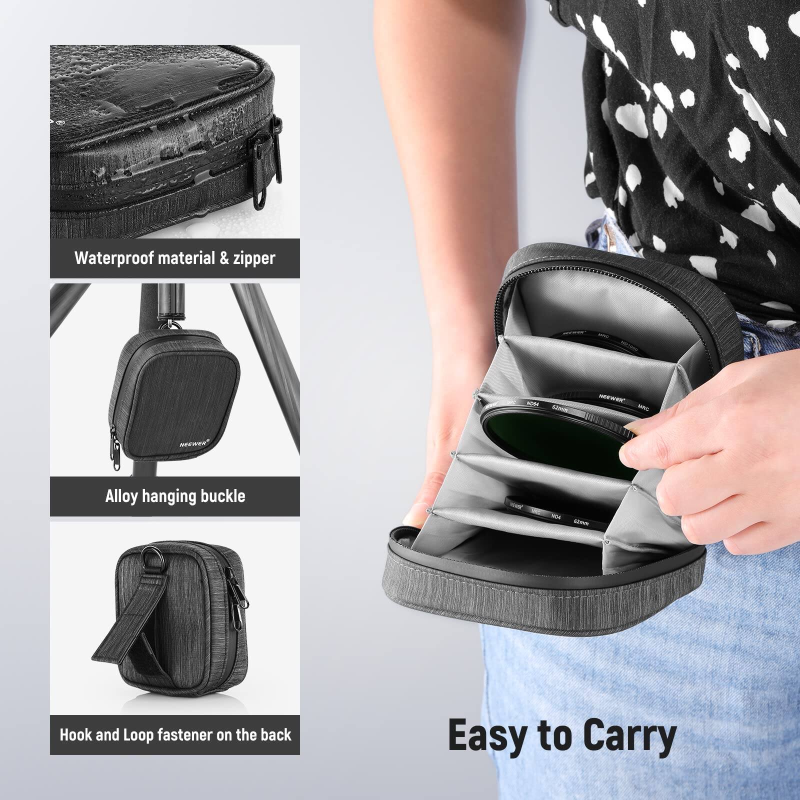 Waterproof material & zipper  
Alloy hanging buckle  
Hook and Loop fastener on the back  
Easy to Carry