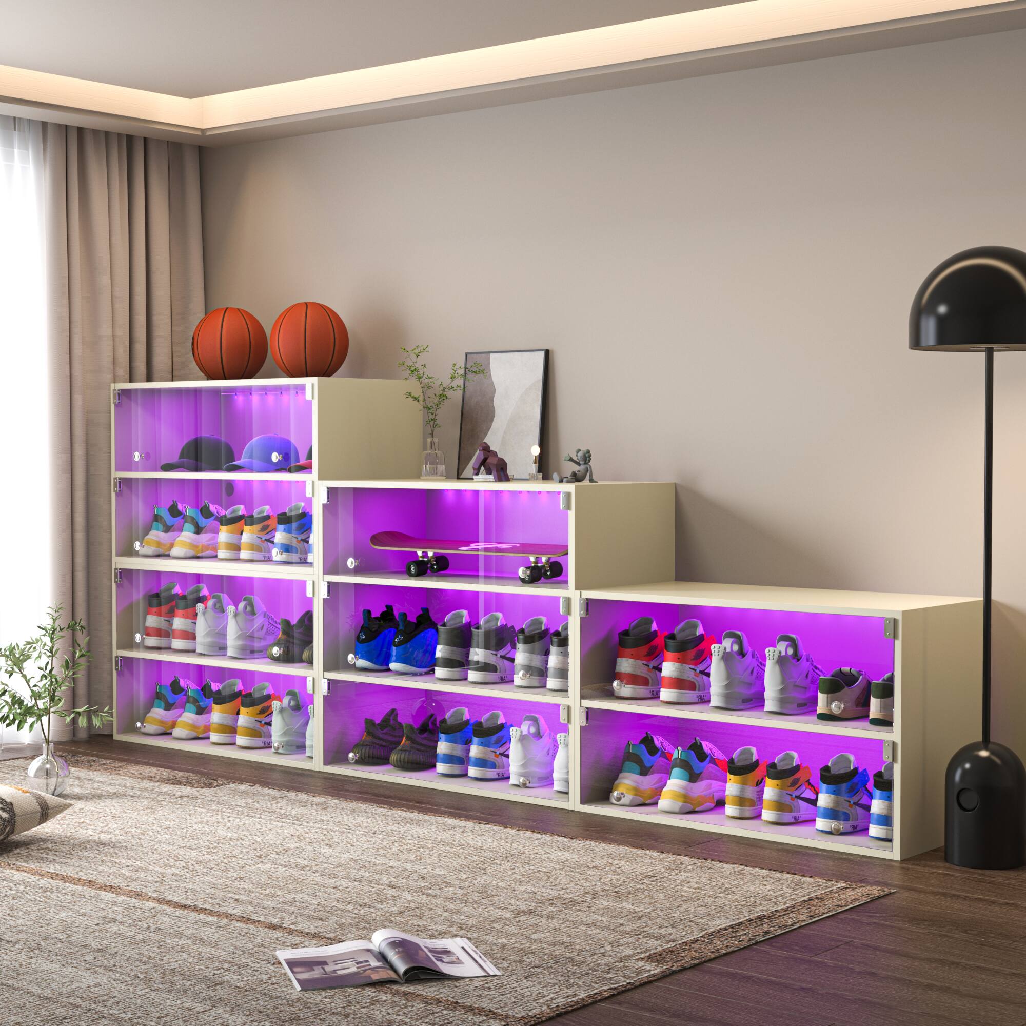 Back. GOODSILO - Modern Glass Door Shoe Storage Cabinet with LED Lighting for Sneaker Display and Protection - Off White.