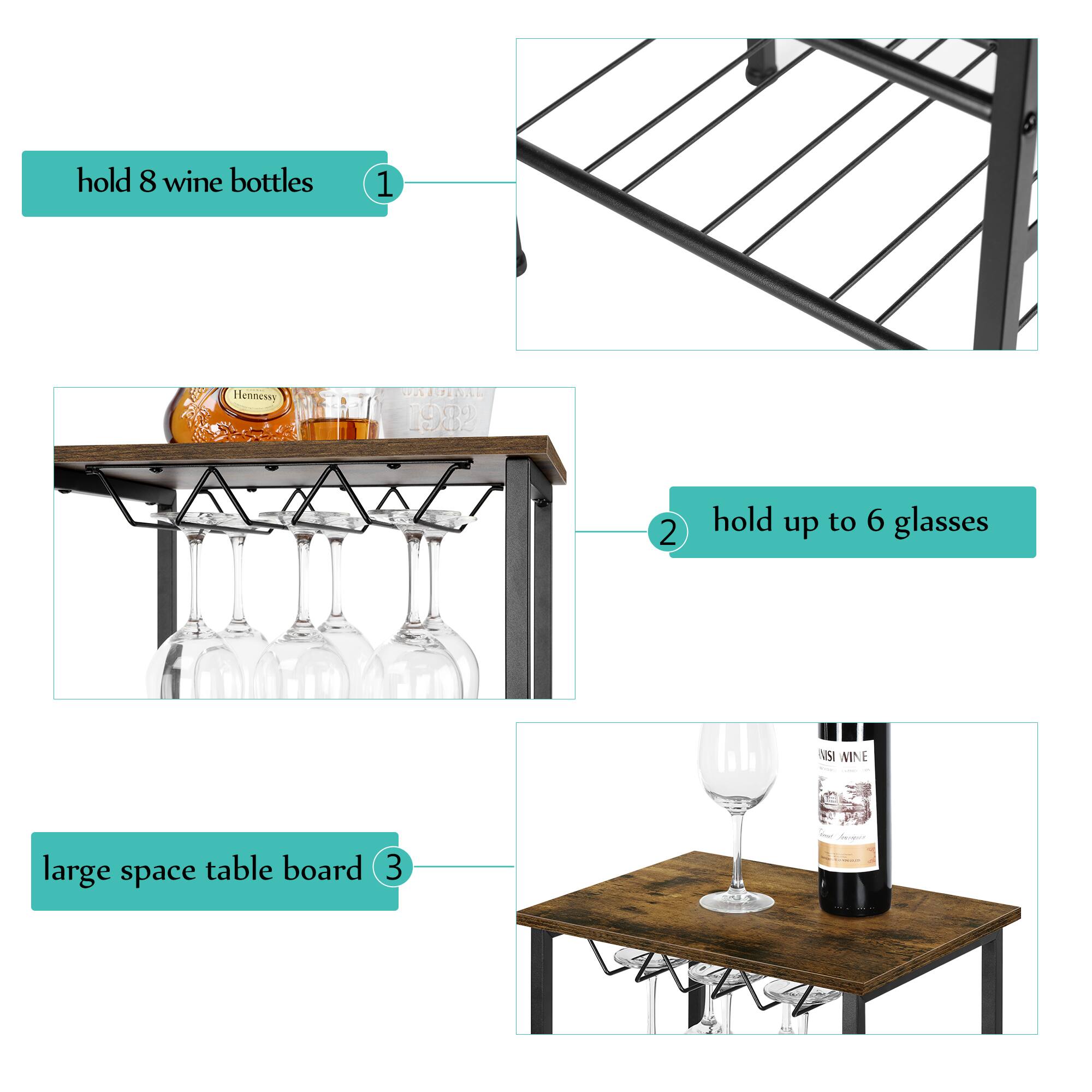1. hold 8 wine bottles  
2. hold up to 6 glasses  
3. large space table board