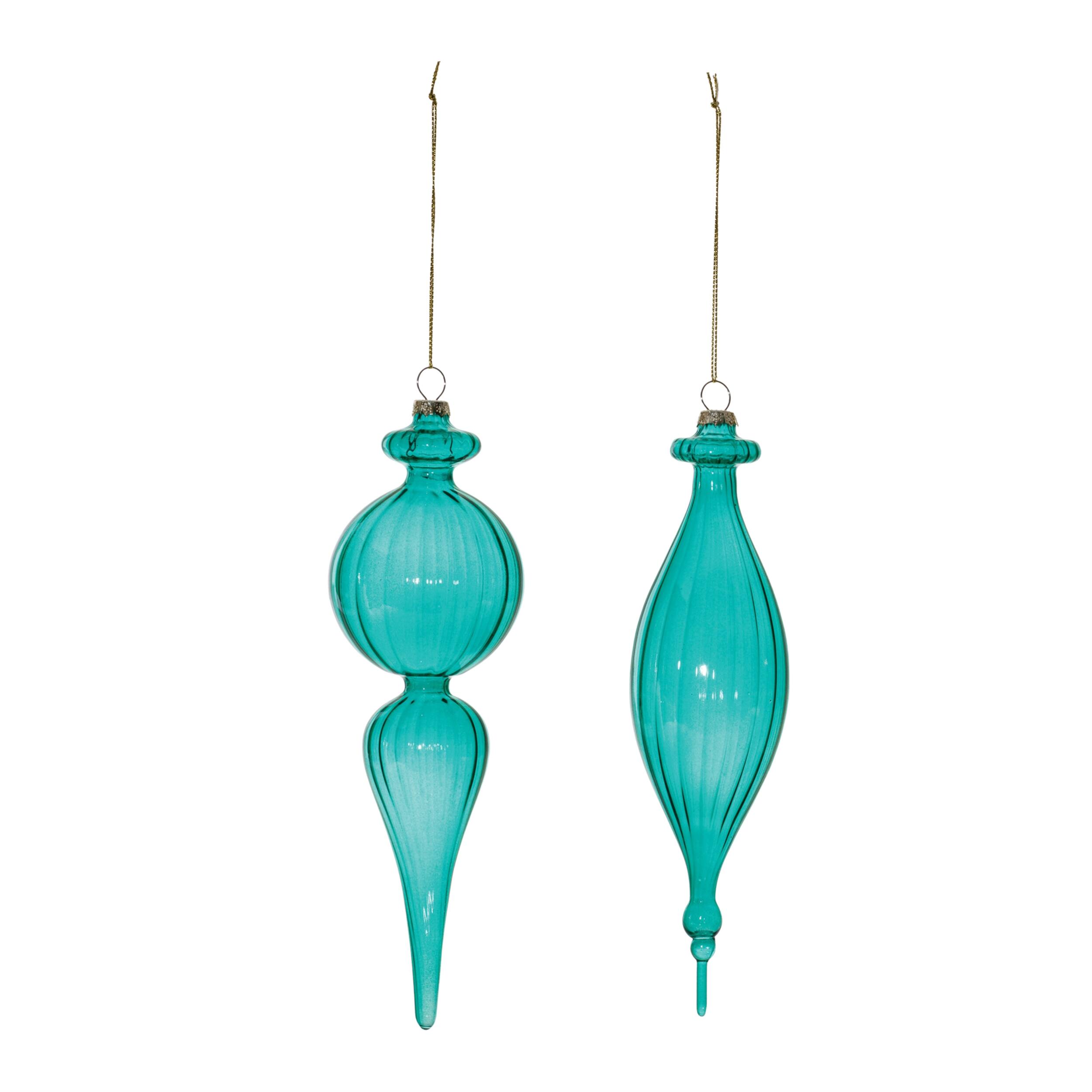 Angle. BreeBe - Blue Ribbed Glass Finial Drop Ornament (Set of 6) - Blue.