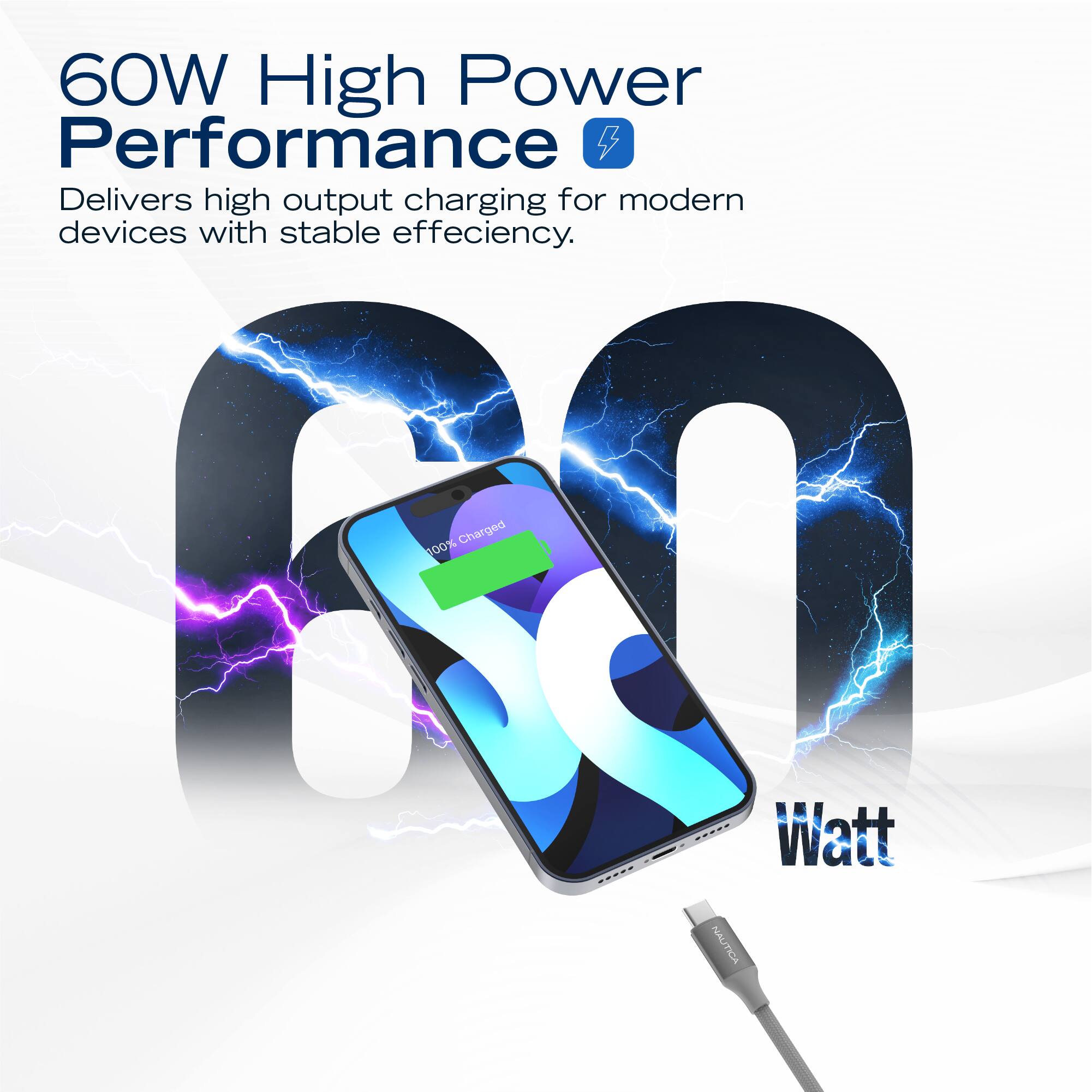 60W High Power Performance  
Delivers high output charging for modern devices with stable efficiency.  
Charged 100%  
Watt  
NAUTICA