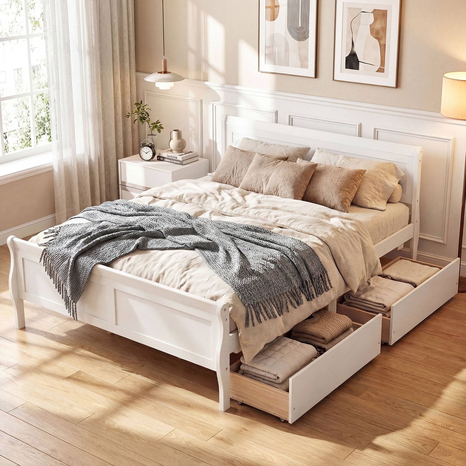 Alt View 4. Costway - Costway Full Size Bed Frame with Storage Drawers, Wood Platform Bed with Headboard Footboard - White.