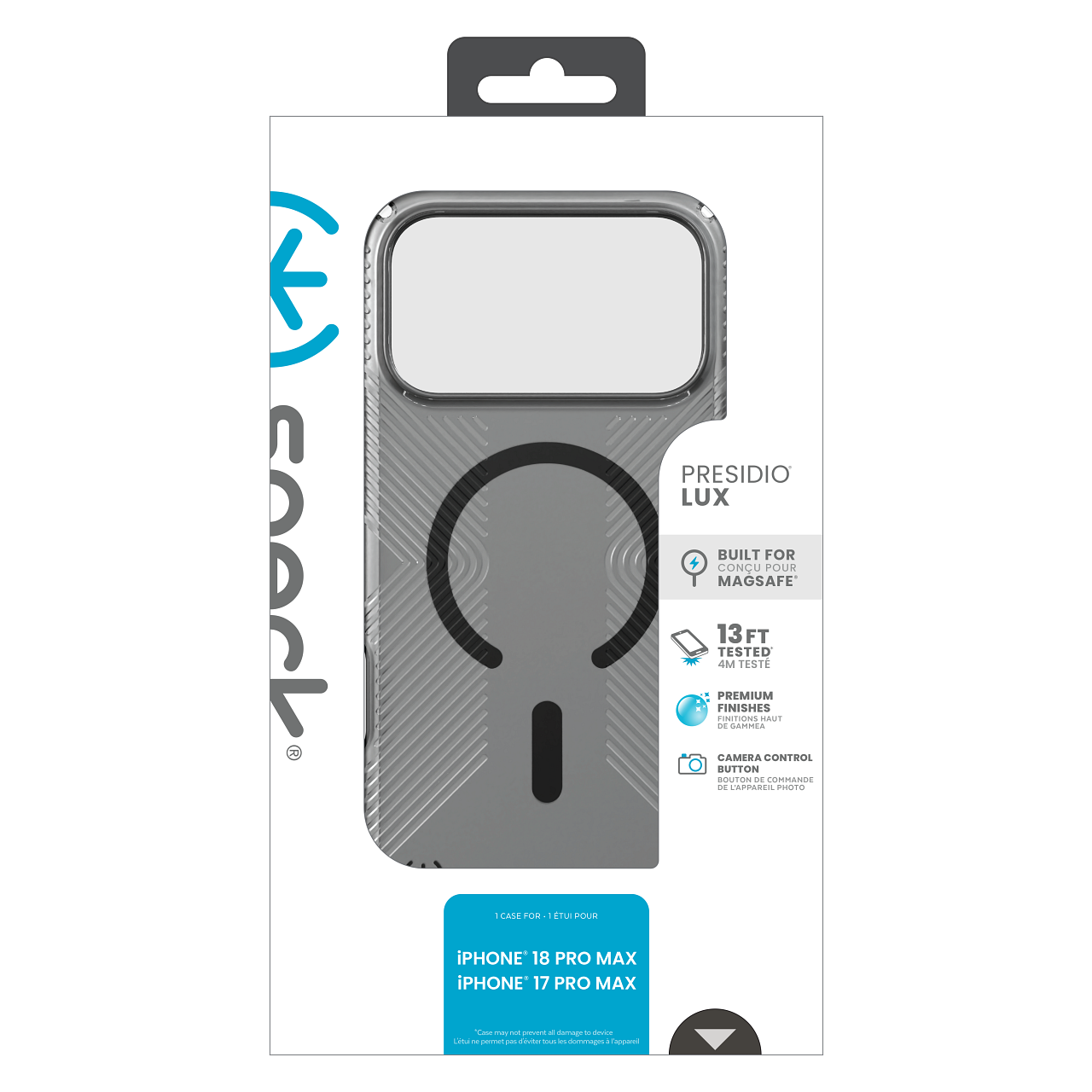 PRESIDIO LUX BUILT FOR MAGSAFE  
13FT TESTED 4M TESTE  
PREMIUM FINISHES FINITIONS HAUT DE GAMME  
CAMERA CONTROL BUTTON BOUTON DE COMMANDE DE L'APPAREIL PHOTO  
CASE FOR iPHONE 18 PRO MAX iPHONE 17 PRO MAX