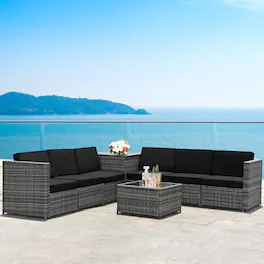 Gymax - 8PCS Patio Rattan Sofa Sectional Conversation Furniture Set w/ Cushion - Black