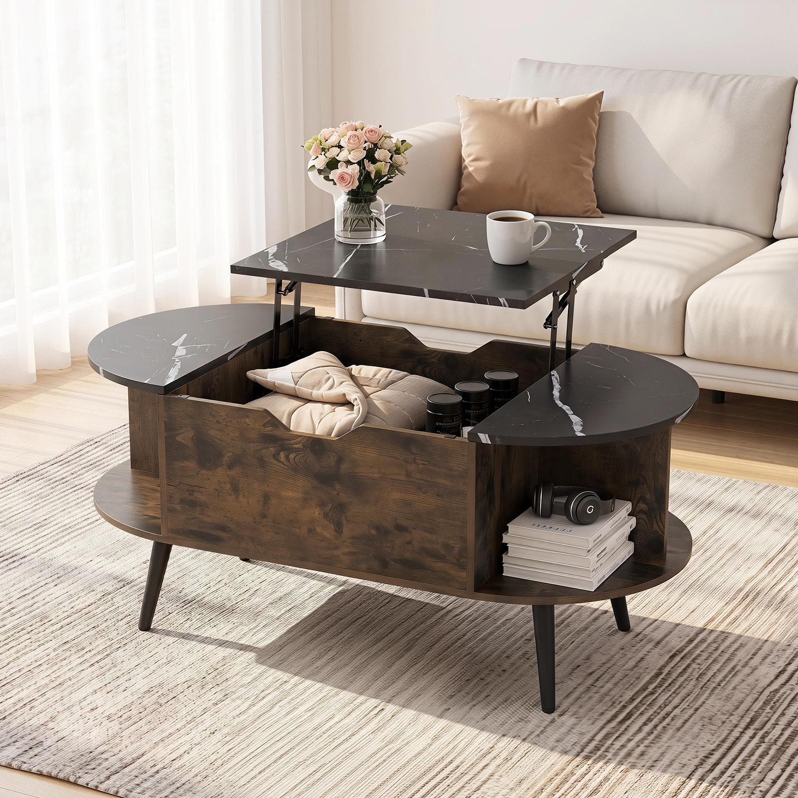 Costway - Faux Marble Lift Top Coffee Table with Hidden Compartment, Shelves for Living Room - Black & Rustic Brown price history on PriceWatchPro