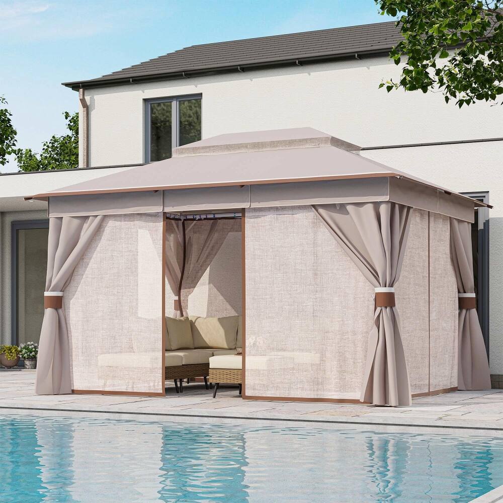 Left. Yardgrace - 10x13 FT Outdoor Heavy Duty Metal Frame Gazebo Double Roof Mosquito Net Privacy Screen Patio Backyard Garden - Brown.