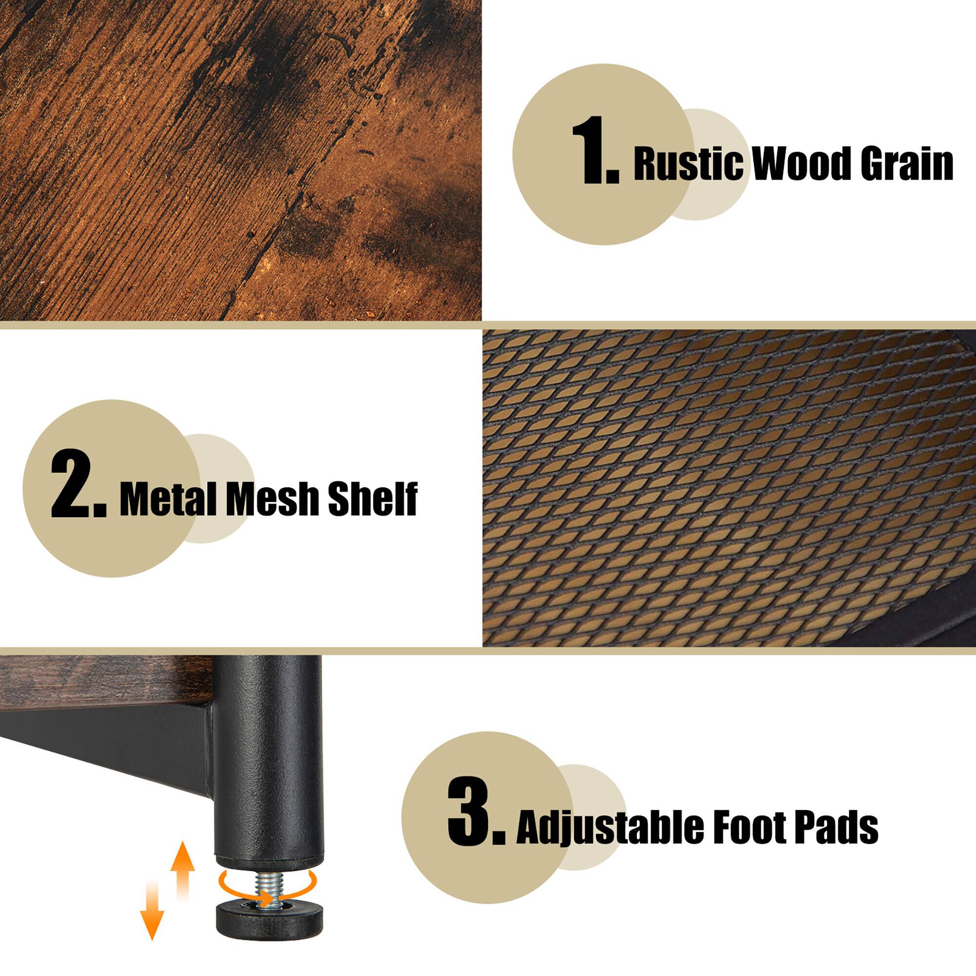 1. Rustic Wood Grain  
2. Metal Mesh Shelf  
3. Adjustable Foot Pads