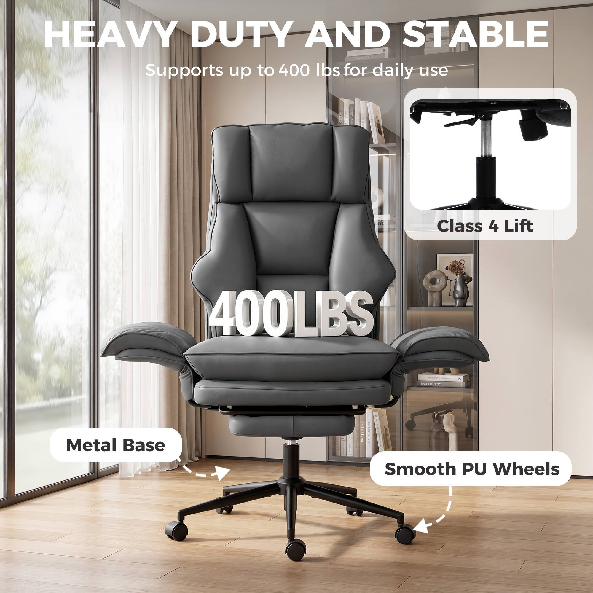 HEAVY DUTY AND STABLE  
Supports up to 400 lbs for daily use  
Class 4 Lift  
400LBS  
Metal Base  
Smooth PU Wheels