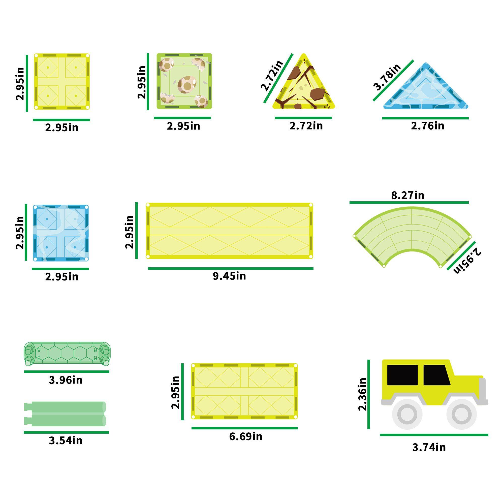 Square: 2.95in, 2.95in, 2.95in, 2.95in, 2.95in

Rectangle: 2.72in, 2.76in, 2.95in, 2.95in, 2.95in

Triangle: 3.78in, 2.72in

Circle: 9.45in, 8.27in

Rectangle: 3.96in, 3.54in, 6.69in

Truck: 2.36in, 3.74in