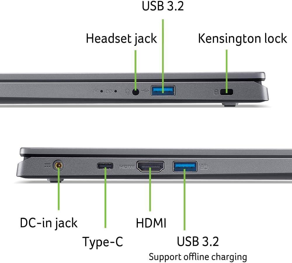 USB 3.2, Headset jack, Kensington lock, DC-in jack, HDMI, Type-C, USB 3.2, Support offline charging