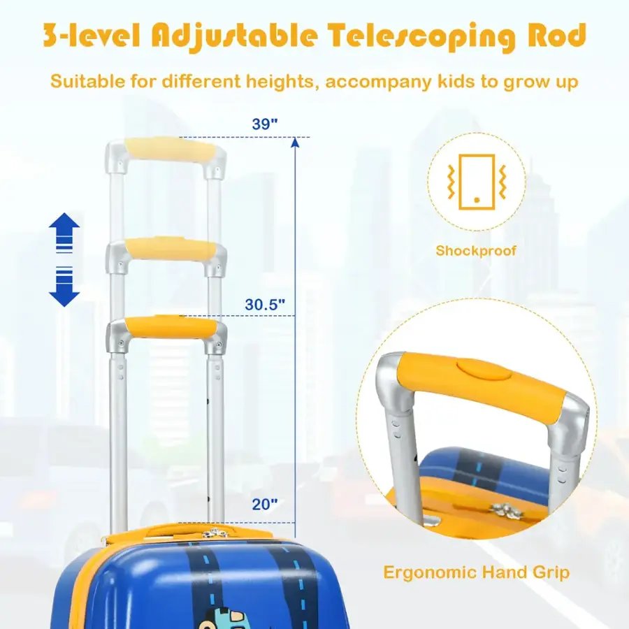 The text on the image is grouped and corrected as follows:

"3-level Adjustable Telescoping Rod: Suitable for different heights, accompany kids to grow up. 39" Shockproof. 30.5" 20" Ergonomic Hand Grip."