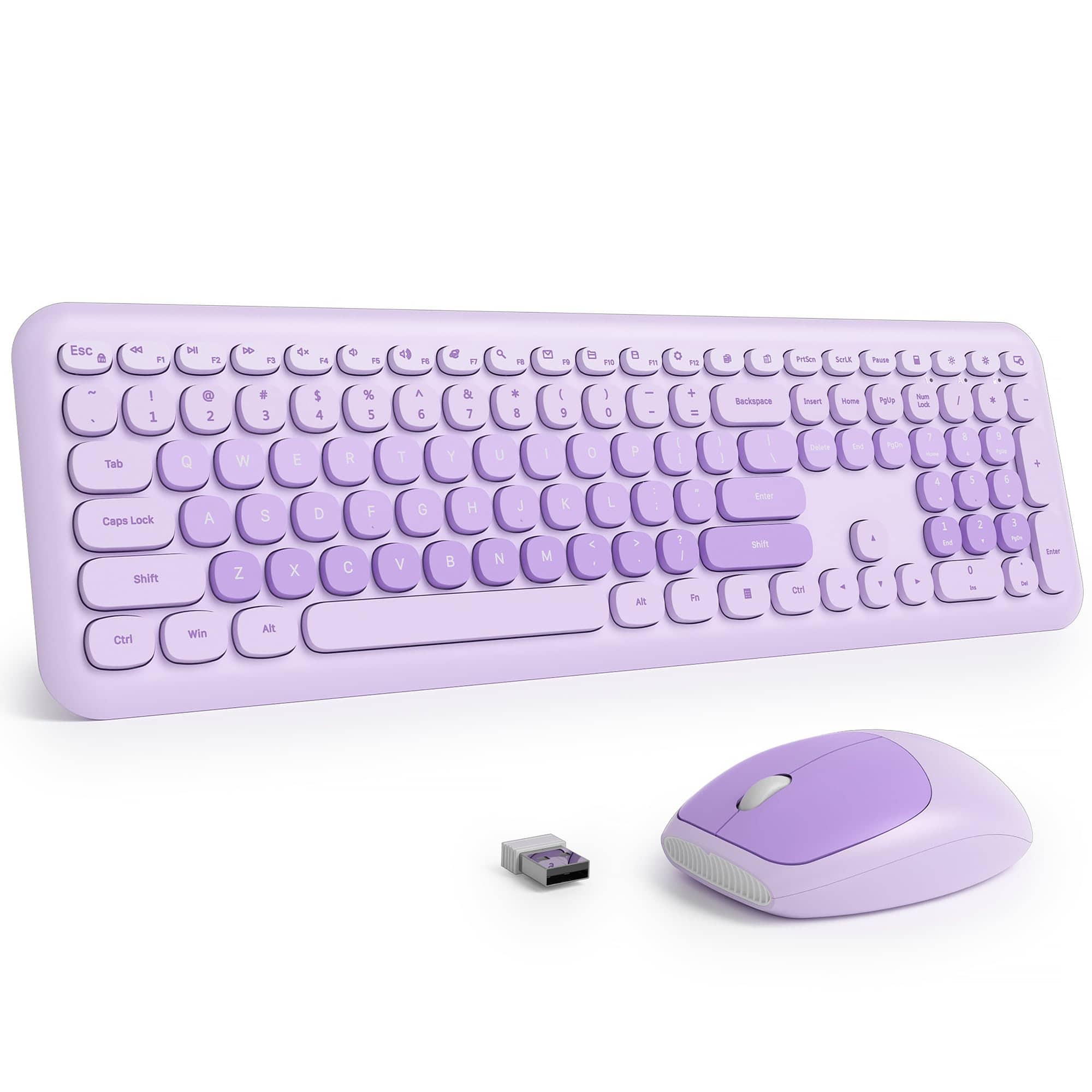 Stamp n Camp - Quiet Pink Wireless And Mouse hz Retro Cute Typewriter-style Full-size Colorful Combo Slim Design Low-noise Typing For - Gradient Purple Colorful