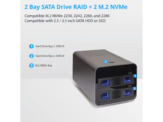 2 Bay SATA Drive RAID + 2 M.2 NVMe
Compatible M.2 NVMe 2230, 2242, 2260, and 2280
Compatible with 2.5 / 3.5 inch SATA HDD or SSD.
1. Hard Drive Bay 1, SATA III
2. Hard Drive Bay 2, SATA III
3. M.2 NVMe Bay
HD1
HD2