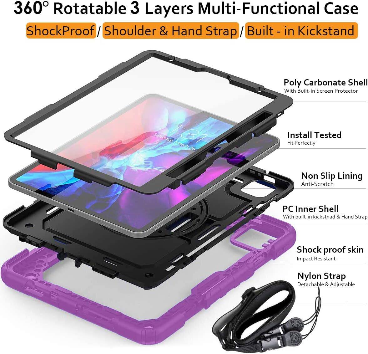 360° Rotatable 3 Layer Multi-Functional Case  
ShockProof / Shoulder & Hand Strap / Built - in Kickstand  

Poly Carbonate Shell With Built-in Screen Protector  
Install Tested Fit Perfectly  
Non Slip Lining Anti-Scratch  
PC Inner Shell With built-in kickstand & Hand Strap  
Shock proof skin Impact Resistant  
Nylon Strap Detachable & Adjustable