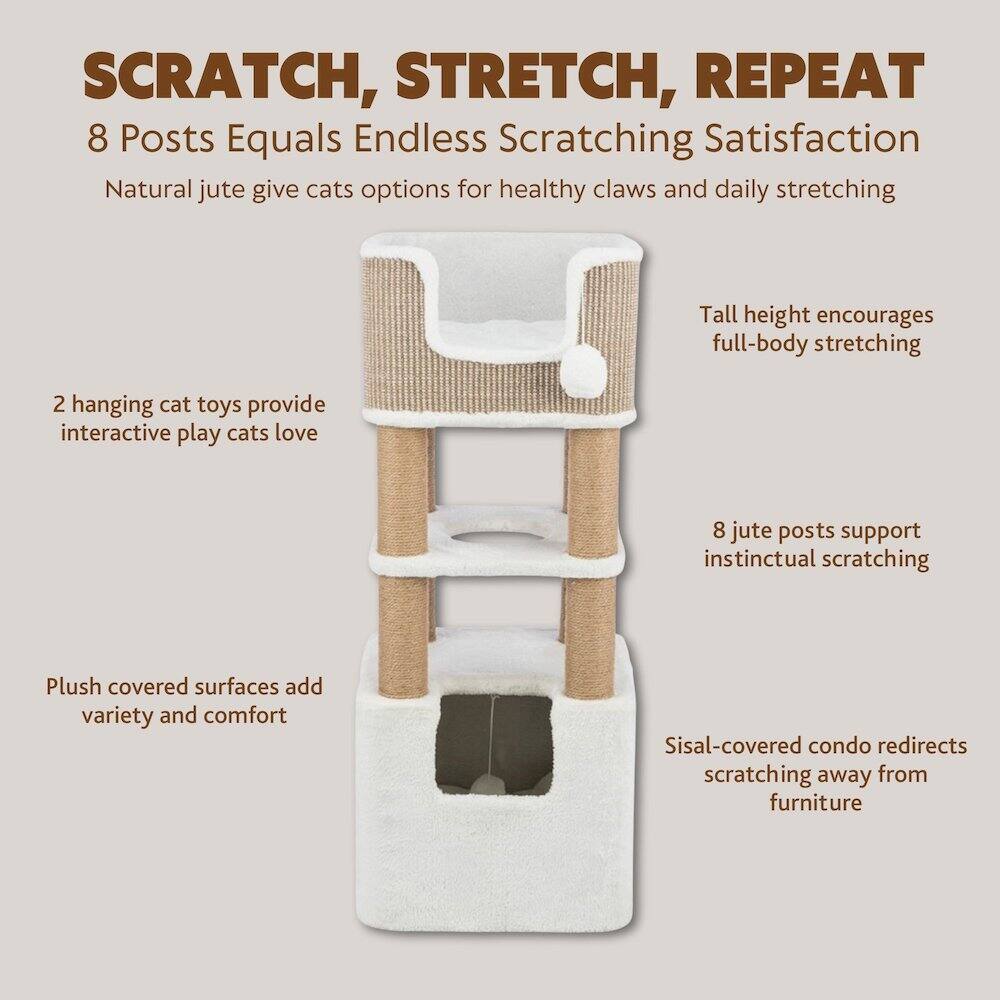 SCRATCH, STRETCH, REPEAT  
8 Posts Equals Endless Scratching Satisfaction  

Natural jute gives cats options for healthy claws and daily stretching  

2 hanging cat toys provide interactive play cats love  

Tall height encourages full-body stretching  

8 jute posts support instinctual scratching  

Plush covered surfaces add variety and comfort  

Sisal-covered condo redirects scratching away from furniture