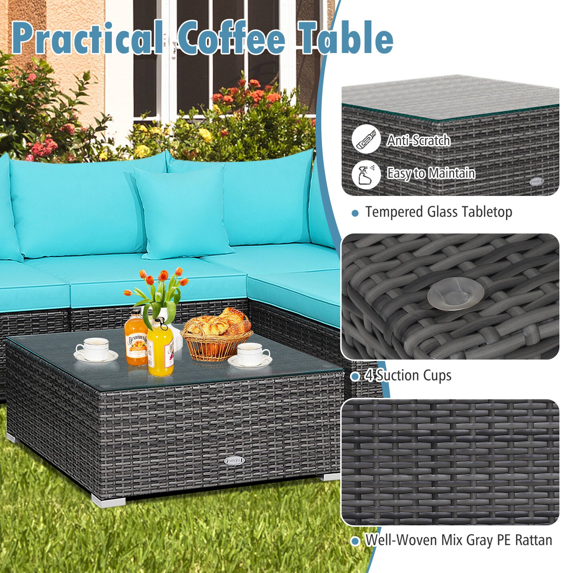 Practical Coffee Table

- Anti-Scratch
- Easy to Maintain
- Tempered Glass Tabletop
- 4 Suction Cups
- Well-Woven Mix Gray PE Rattan