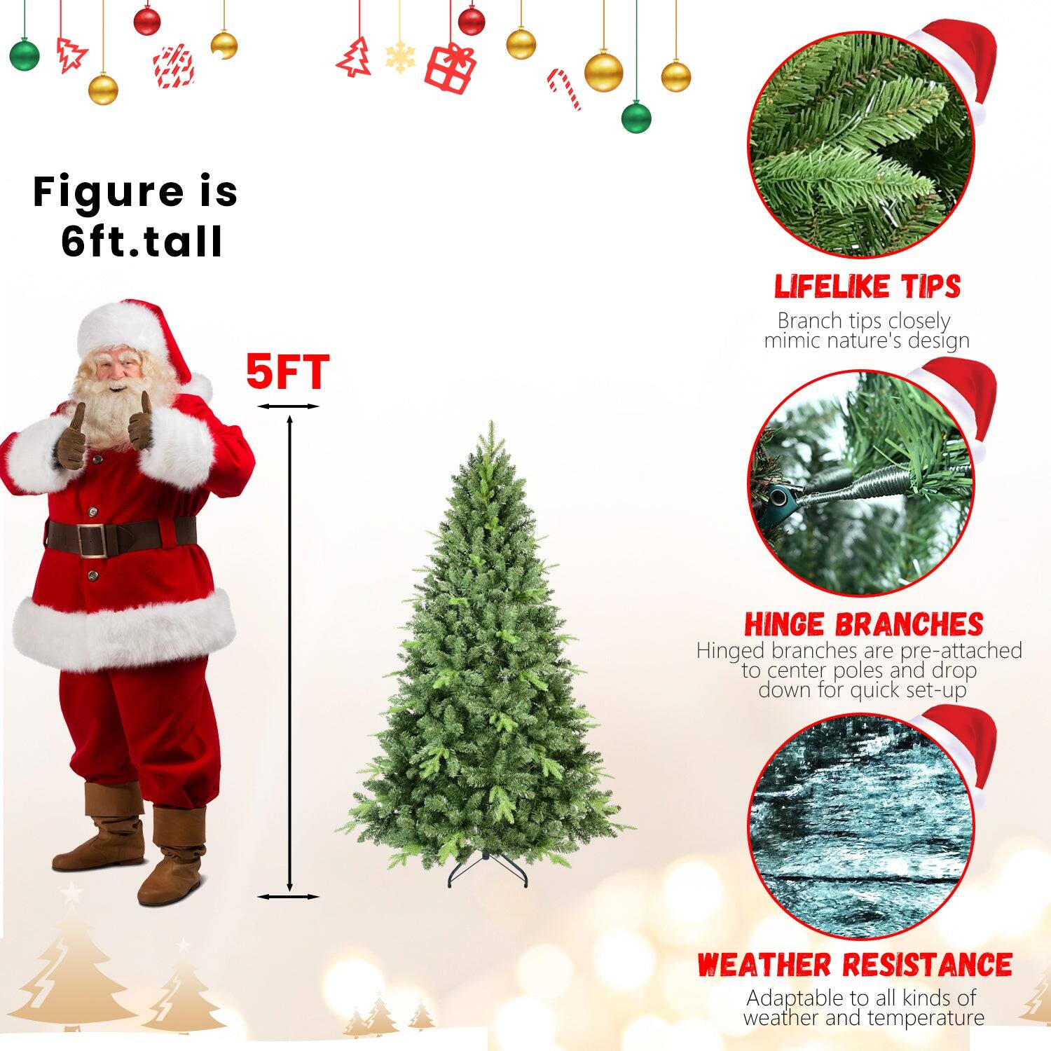 - Figure is 6ft tall
- 5FT
- LIFELIKE TIPS: Branch tips closely mimic nature's design
- HINGE BRANCHES: Hinged branches are pre-attached to center poles and drop down for quick set-up
- WEATHER RESISTANCE: Adaptable to all kinds of weather and temperature