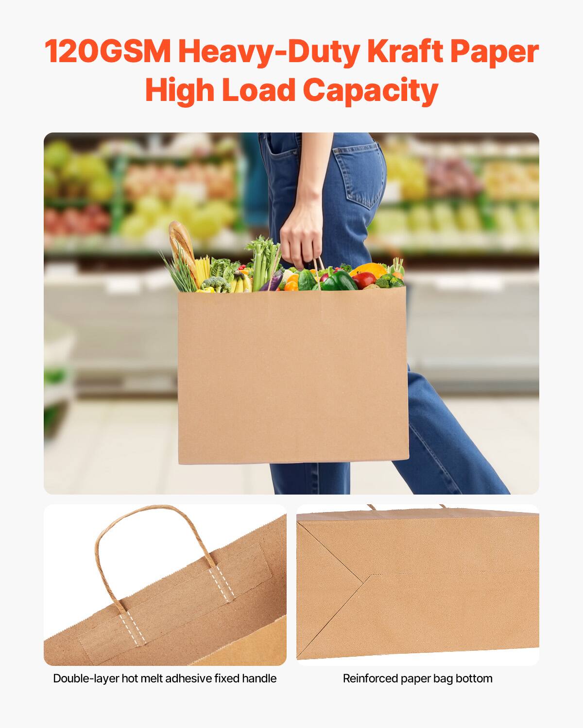 120GSM Heavy-Duty Kraft Paper  
High Load Capacity  

Double-layer hot melt adhesive fixed handle  
Reinforced paper bag bottom