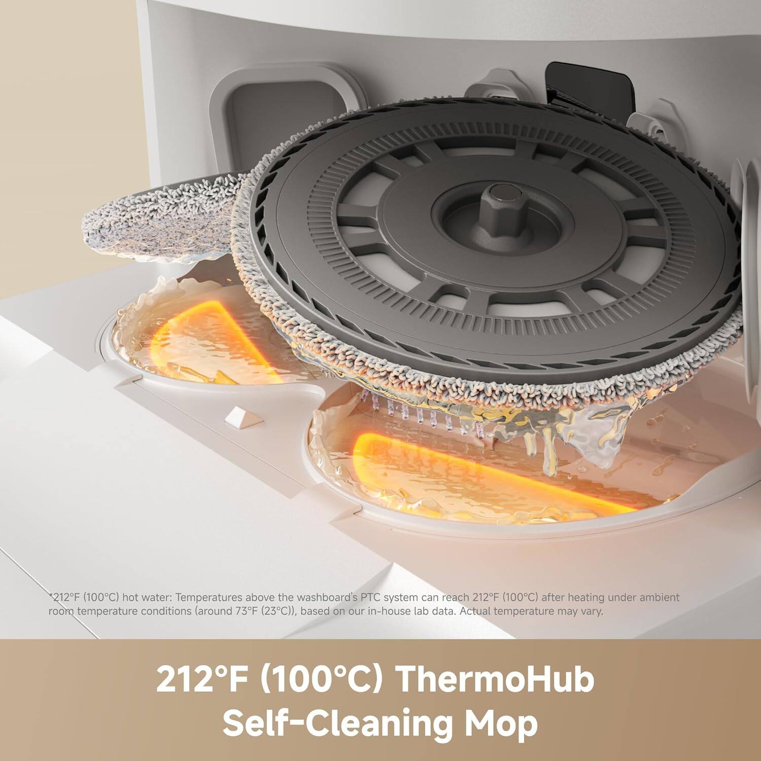 212°F (100°C) hot water: Temperatures above the washboard's PTC system can reach 212°F (100°C) after heating under ambient room temperature conditions (around 73°F (23°C)), based on our in-house lab data. Actual temperature may vary.

212°F (100°C) ThermoHub Self-Cleaning Mop