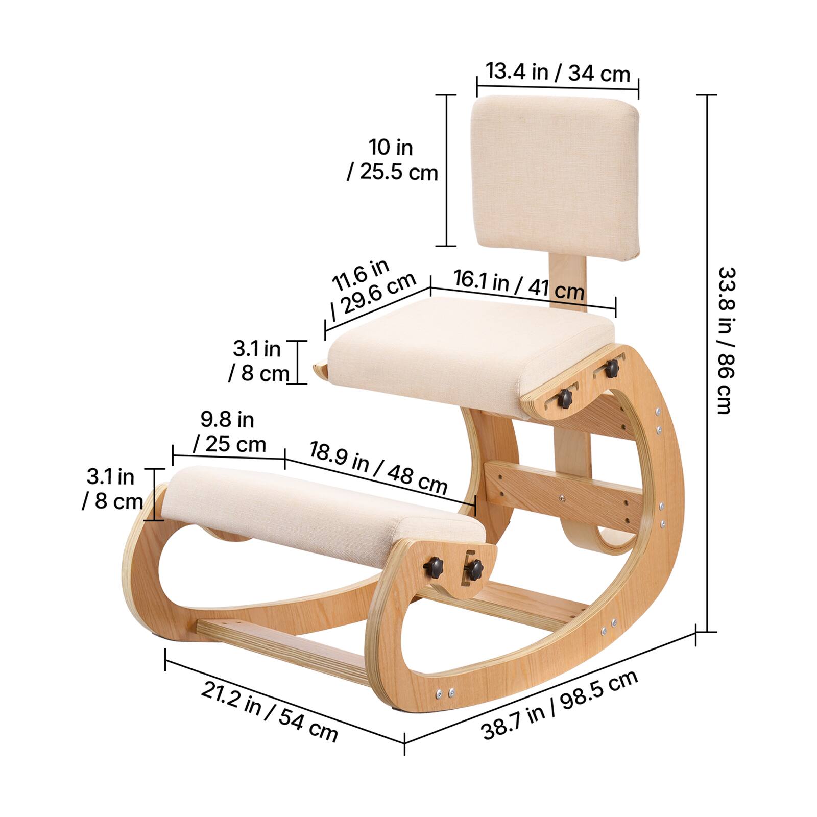 13.4 in / 34 cm  
10 in / 25.5 cm  
3.1 in / 8 cm  
11.6 in / 29.6 cm  
16.1 in / 41 cm  
9.8 in / 25 cm  
18.9 in / 48 cm  
21.2 in / 54 cm  
33.8 in / 86 cm  
38.7 in / 98.5 cm