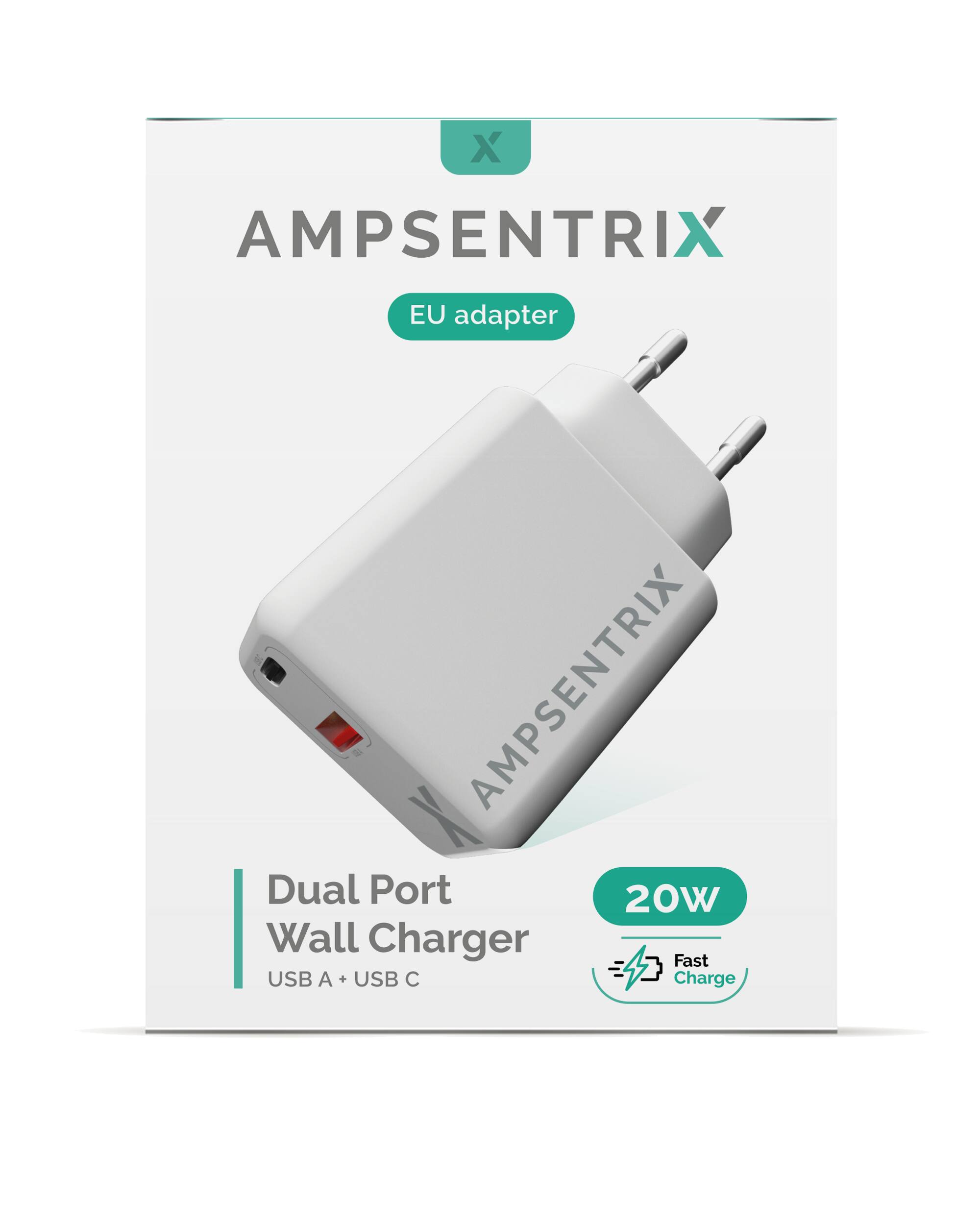 X AMPSENTRIX EU adapter  
Dual Port Wall Charger  
USB A + USB C  
20W  
Fast Charge
