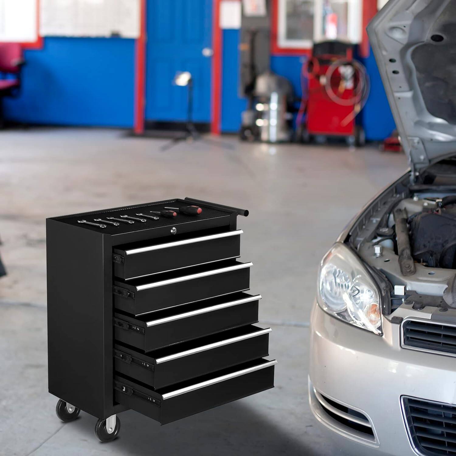 Alt View 5. Winado - Lockable 5-Drawer Rolling Tool Chest Tool Organizer Box with Wheels for Garage - Black.