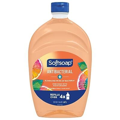 Softsoap Antibacterial  
Eliminates 99.9% of Bacteria  
Enriched with Moisturizers  
Clean Scent  
Antibacterial Hand Soap  
Refills Over 4x  
1.54 L (14 L)
