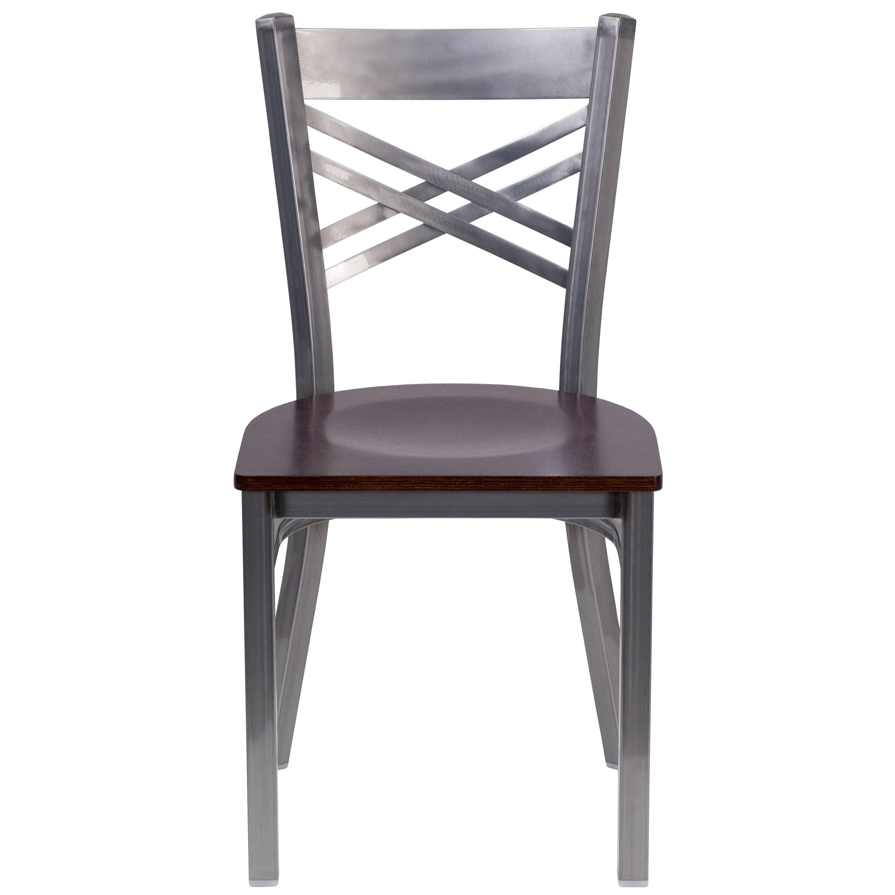 Alt View 6. Emma + Oliver - 2 Pack Clear Coated "X" Back Metal Restaurant Chair - Walnut Wood Seat/Clear Coated Metal Frame.