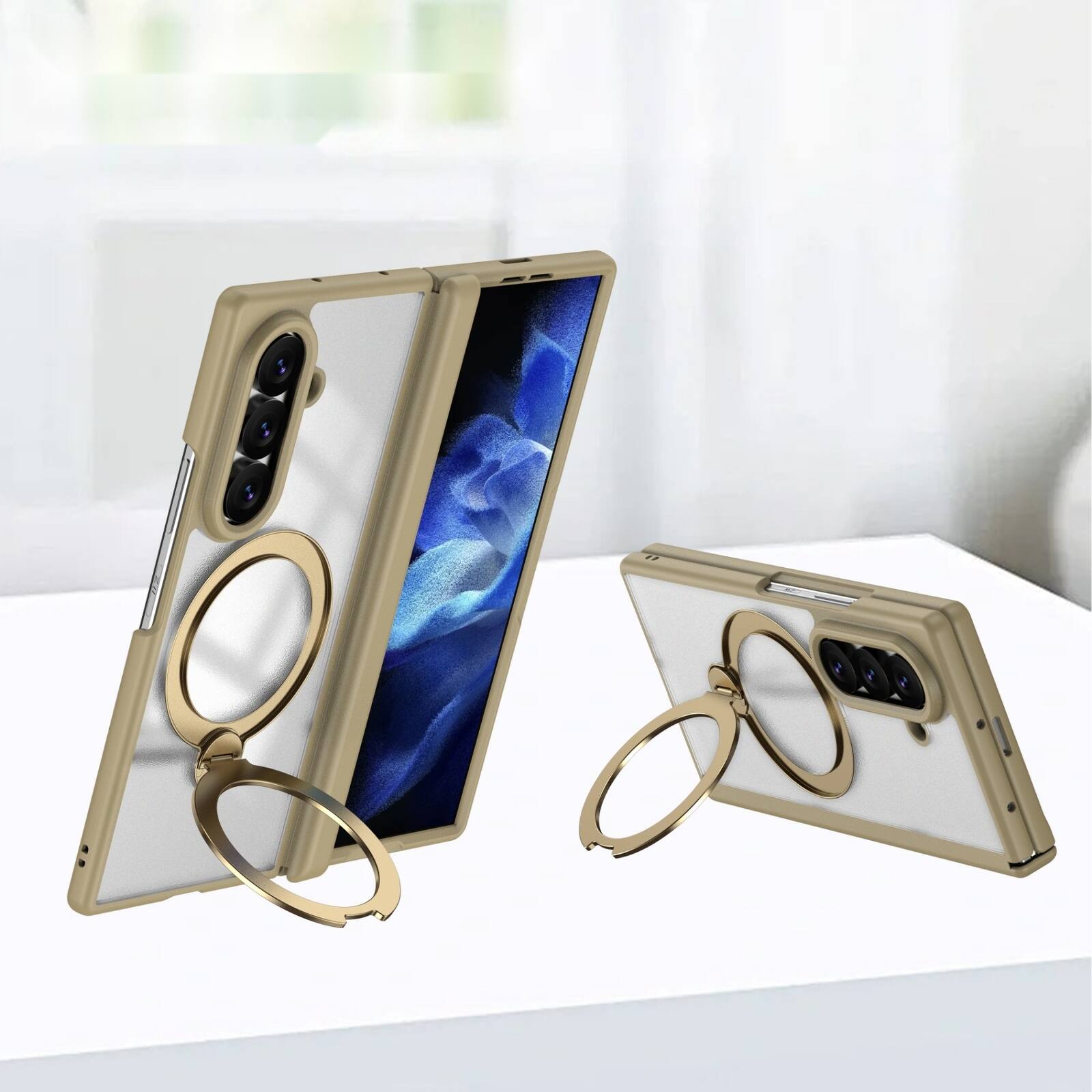 Angle. Dteck - For Samsung Galaxy Z Fold8 Ultra Magnetic Case Built-in Screen Protector,Shockproof Ring Stand Clear Back Hinge Cover - Gold.