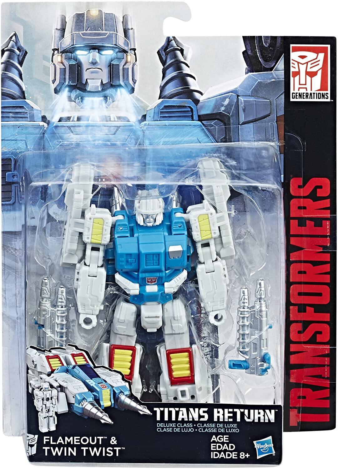GENERATIONS  
TRANSFORMERS  
TITANS RETURN  
DELUXE CLASS  
CLASSE DE LUXE  
CLASSE DE LUJO  
CLASSE DE LUXO  
FLAMEOUT & TWIN TWIST  
AGE 8+  
EDAD 8+  
IDADE 8+  
Hasbro