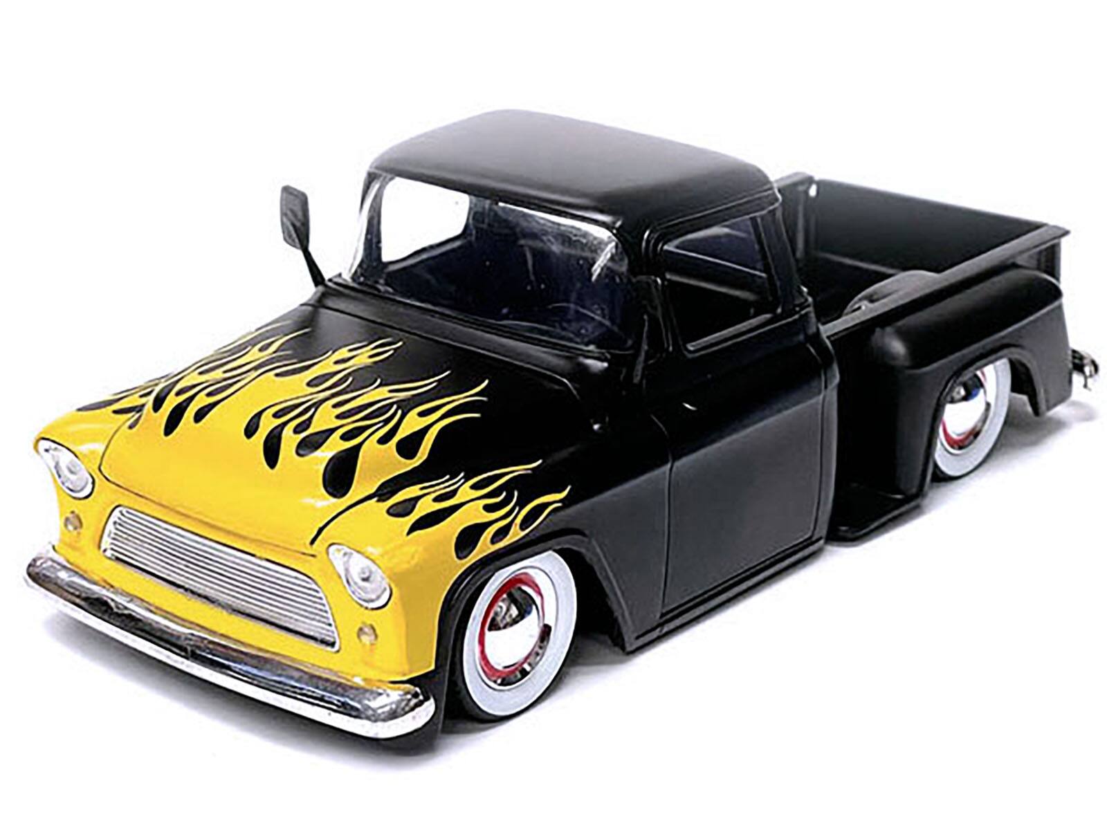 Alt View 1. Jada - 1955 Chevrolet Stepside Pickup Truck Matt Black with Yellow Flames "Just Trucks" Series 1/24 Diecast Model Car by Jada.