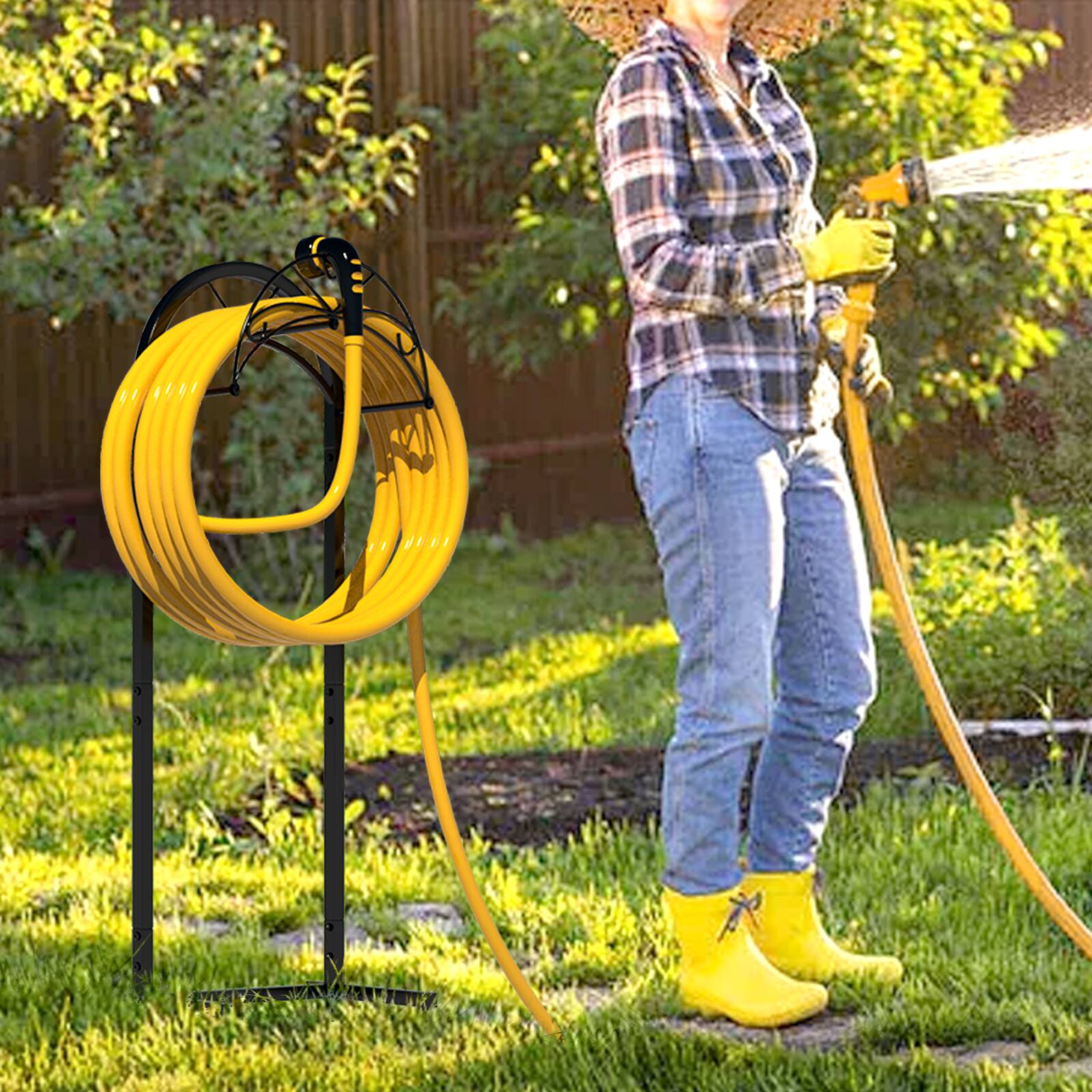 Back. Oumilen - Arched Freestanding Garden Hose Holder, Decorative Metal Water Hose Storage Stand.