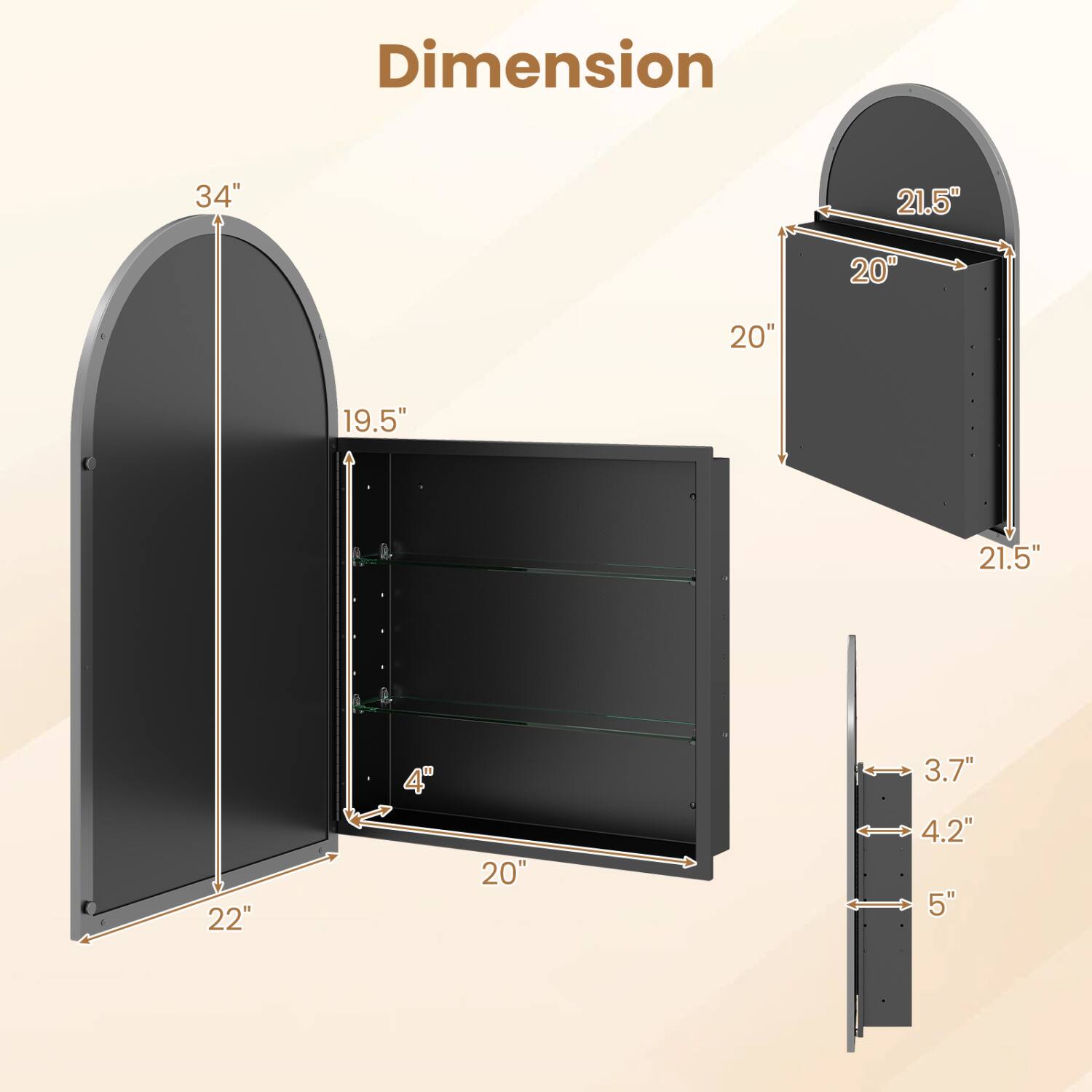 Dimension  
34"  
21.5"  
20"  
20"  
19.5"  
21.5"  
22"  
4"  
20"  
3.7" 4.2" 5"