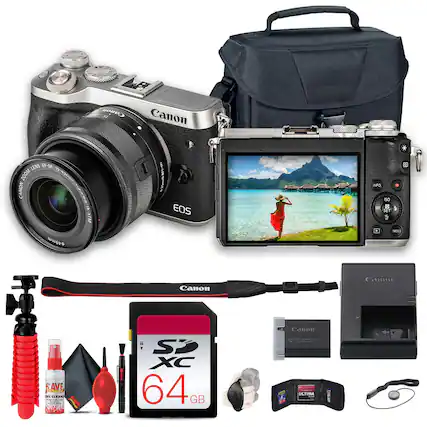 Canon EOS M50 Mirrorless Camera Kit
- Canon EOS M50 Camera Body
- Canon EF-M 15-45mm f/3.5-6.3 IS STM Lens
- Canon Shoulder Strap
- Canon LP-E12 Battery
- Canon USB Charger
- 64GB SDXC Memory Card
- Canon Camera Bag
- Canon Lens Hood
- Canon Lens Cap
- Canon Cleaning Kit (Lens Cleaning Spray, Microfiber Cloth, Air Blower)
- Canon Tripod (with Ball Head)
- Canon Remote Shutter Release
- Canon Lens Cleaning Brush
- Canon Camera Wrist Strap
