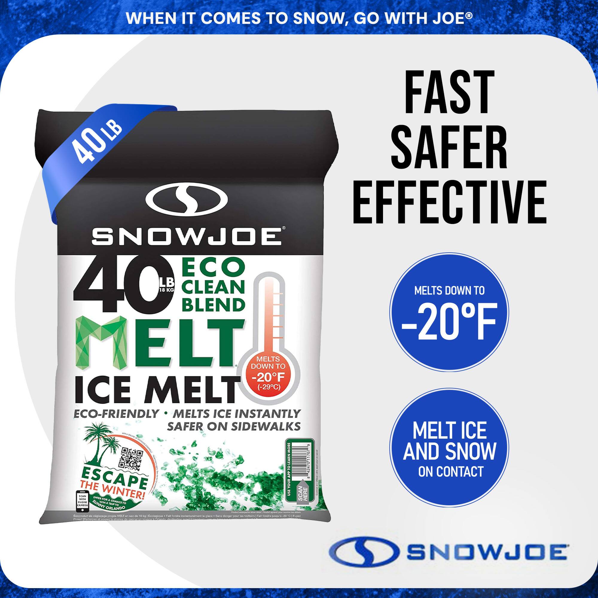 **SnowJoe 40LB Eco Clean Blend Ice Melt**

- **Fast, Safer, Effective**
- **Melts down to -20°F (-29°C)**
- **Melt Ice and Snow on Contact**
- **Eco-friendly**
- **Melts Ice Instantly**
- **Safer on Sidewalks**
- **Escape the Winter!**
- **40LB (18KG)**

"When it comes to snow, go with Joe®"