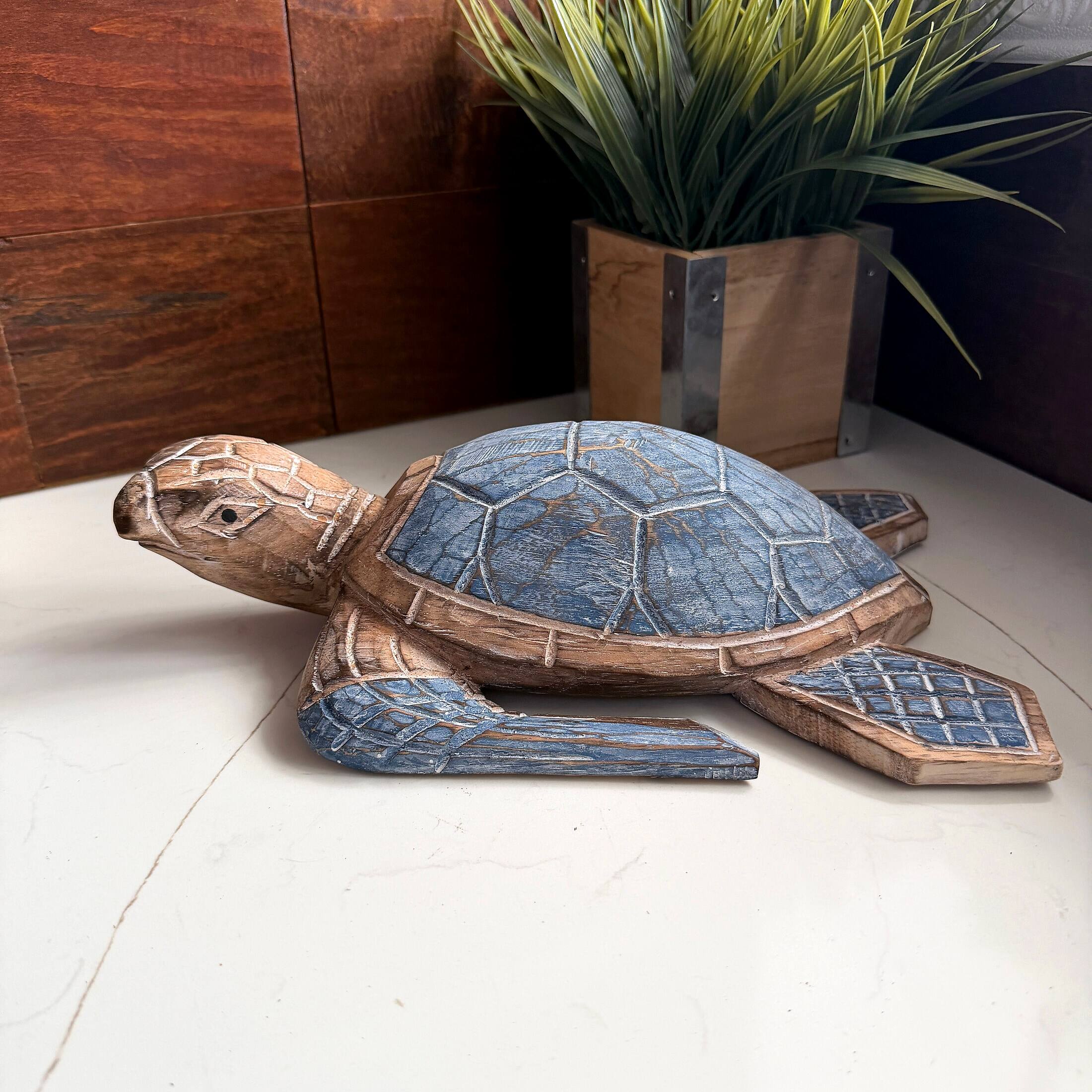 Alt View 5. Things2Die4 - Sea Turtle Statue Hand Carved Wood Blue Coastal Decor 12in Tabletop Art - Blue.