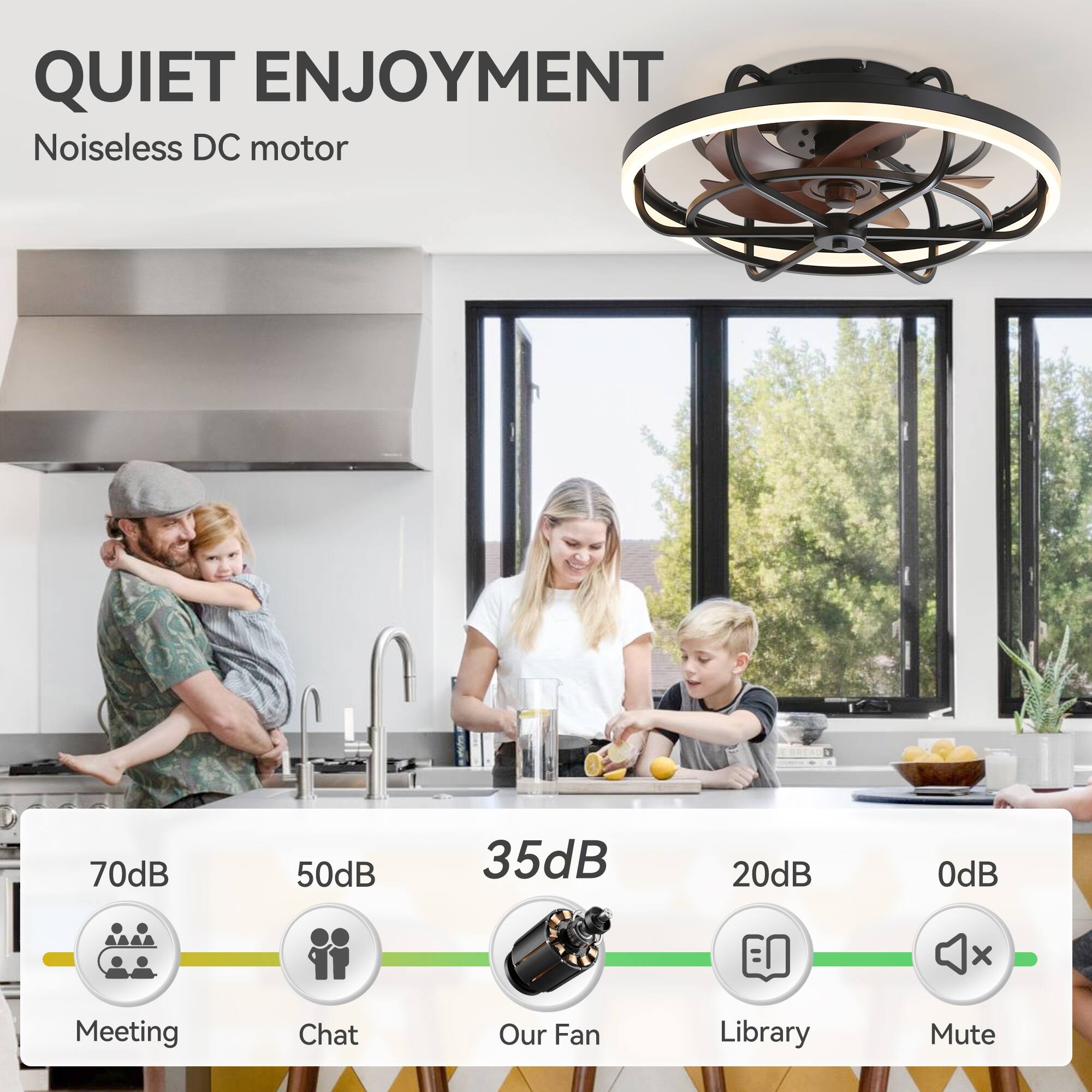 QUIET ENJOYMENT Noiseless DC motor

70dB Meeting
50dB Chat
35dB Our Fan
20dB Library
0dB Mute
