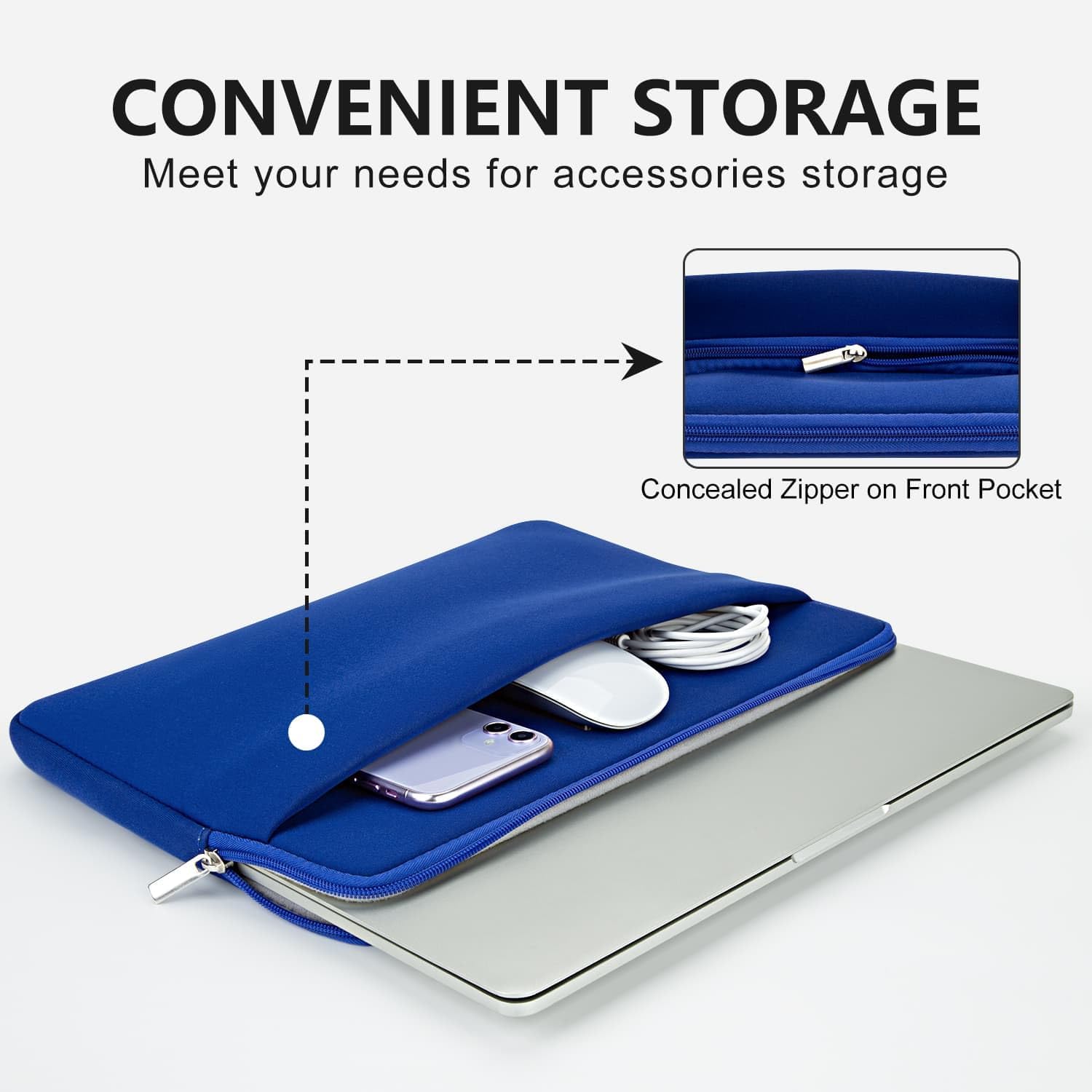 CONVENIENT STORAGE  
Meet your needs for accessories storage  

Concealed Zipper on Front Pocket