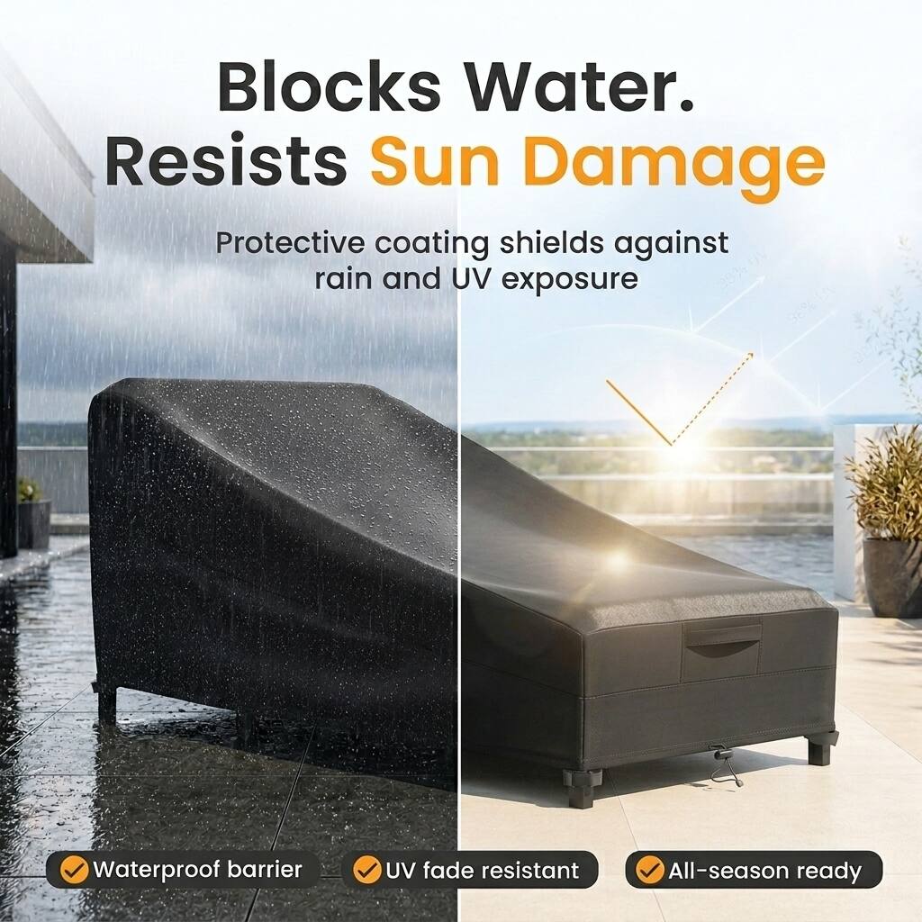 Blocks Water.  
Resists Sun Damage  
Protective coating shields against rain and UV exposure  
98% Waterproof barrier  
38% UV fade resistant  
All-season ready