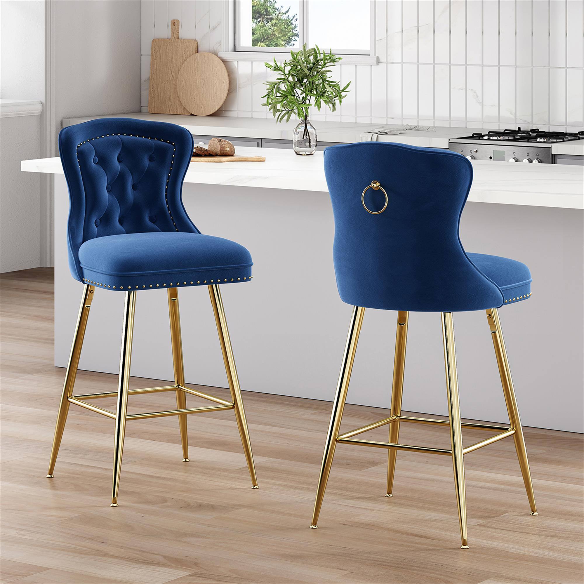 Alt View 2. Boyel Living - Blue Bar Stools Set of 2 Velvet Counter Height Bar Stools with Metal Legs Button Tufted and Nailheads Trim - Blue.