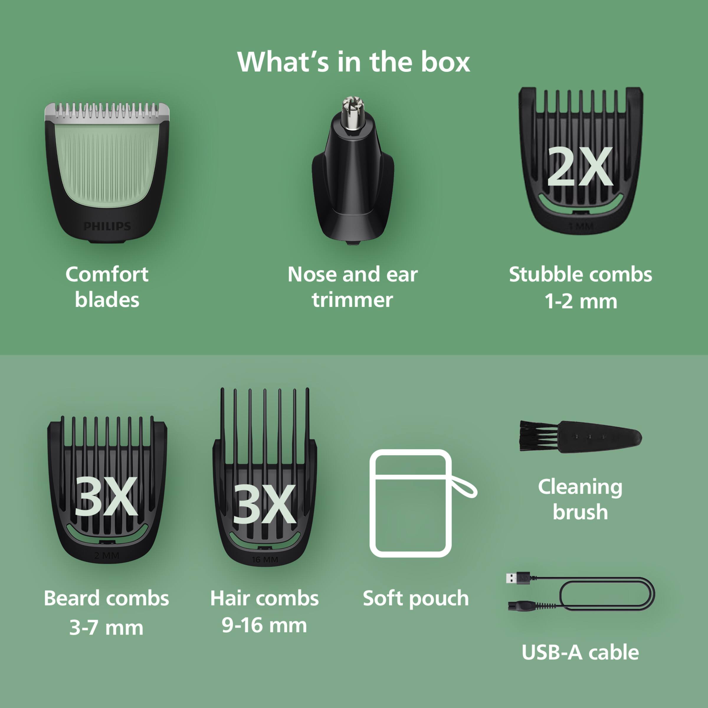 What's in the box:

- 2X PHILIPS Comfort blades
- Nose and ear trimmer
- Stubble combs 1-2 mm
- 3X Cleaning brush
- 3X Beard combs 3-7 mm
- 3X Hair combs 9-16 mm
- Soft pouch
- USB-A cable
