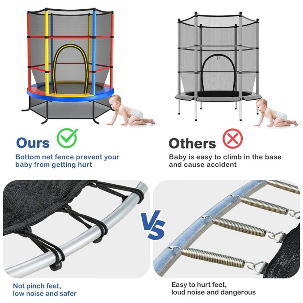 **Ours**

- Bottom net fence prevent your baby from getting hurt
- Not pinch feet, low noise and safer

**Others**

- Baby is easy to climb in the base and cause accident
- Easy to hurt feet, loud noise and dangerous