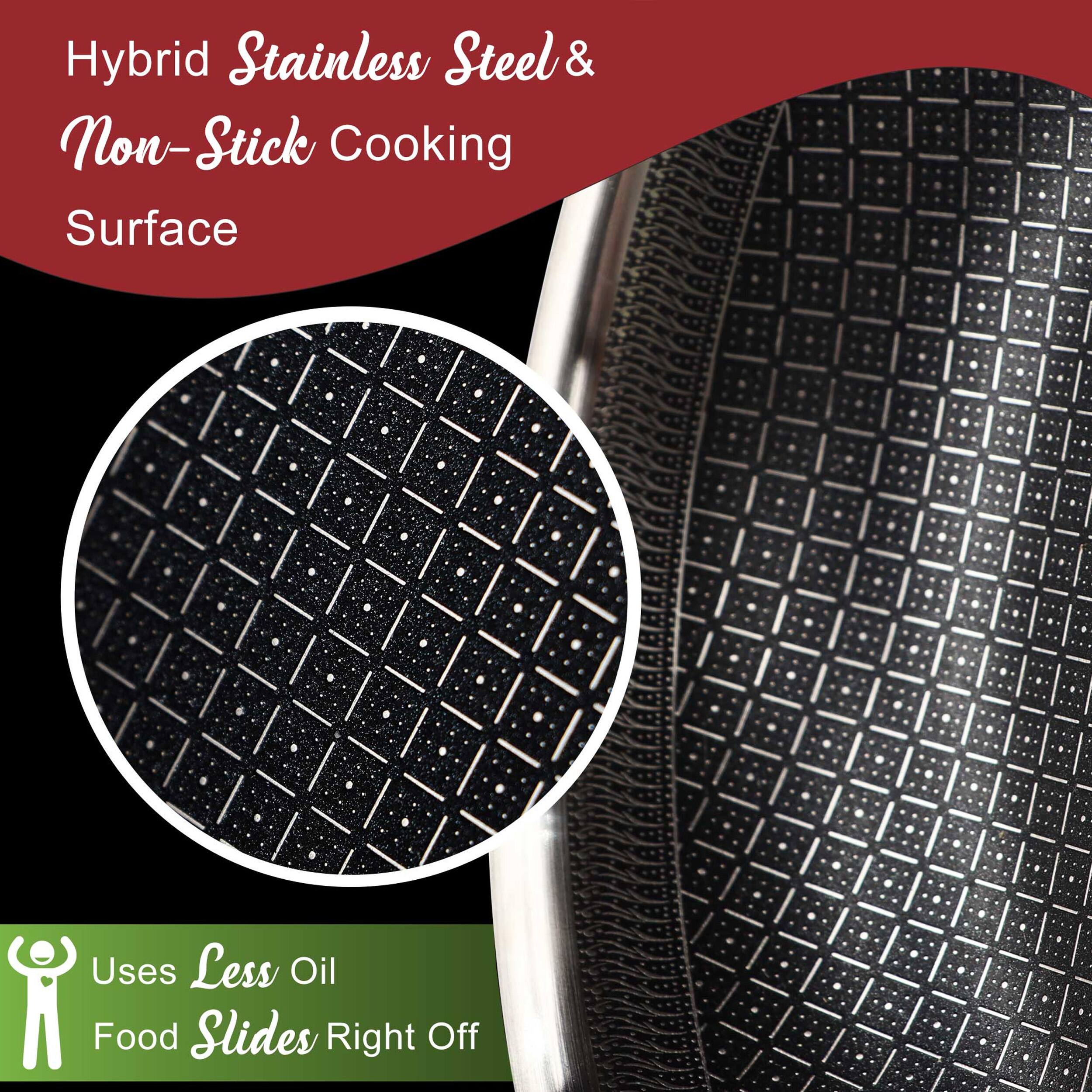 Hybrid Stainless Steel & Non-Stick Cooking Surface  
Uses Less Oil  
Food Slides Right Off