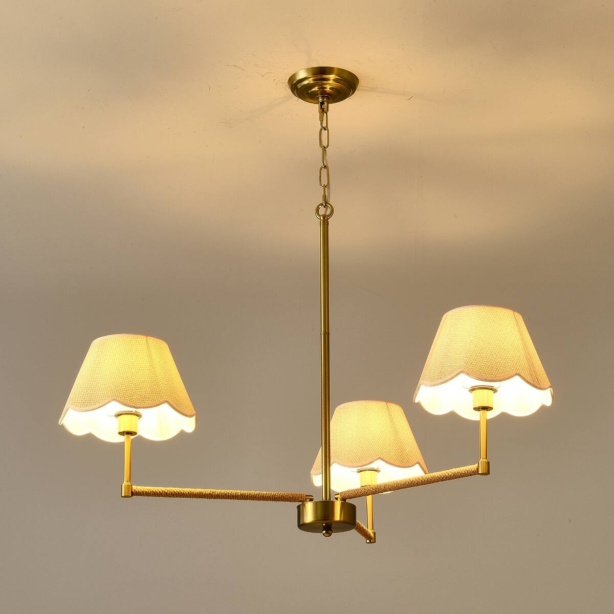 Angle. Loheer - Loheer Three Light Gold Chandelier with Fabric Shades and Rope Accents for Dining Room or Living Room.
